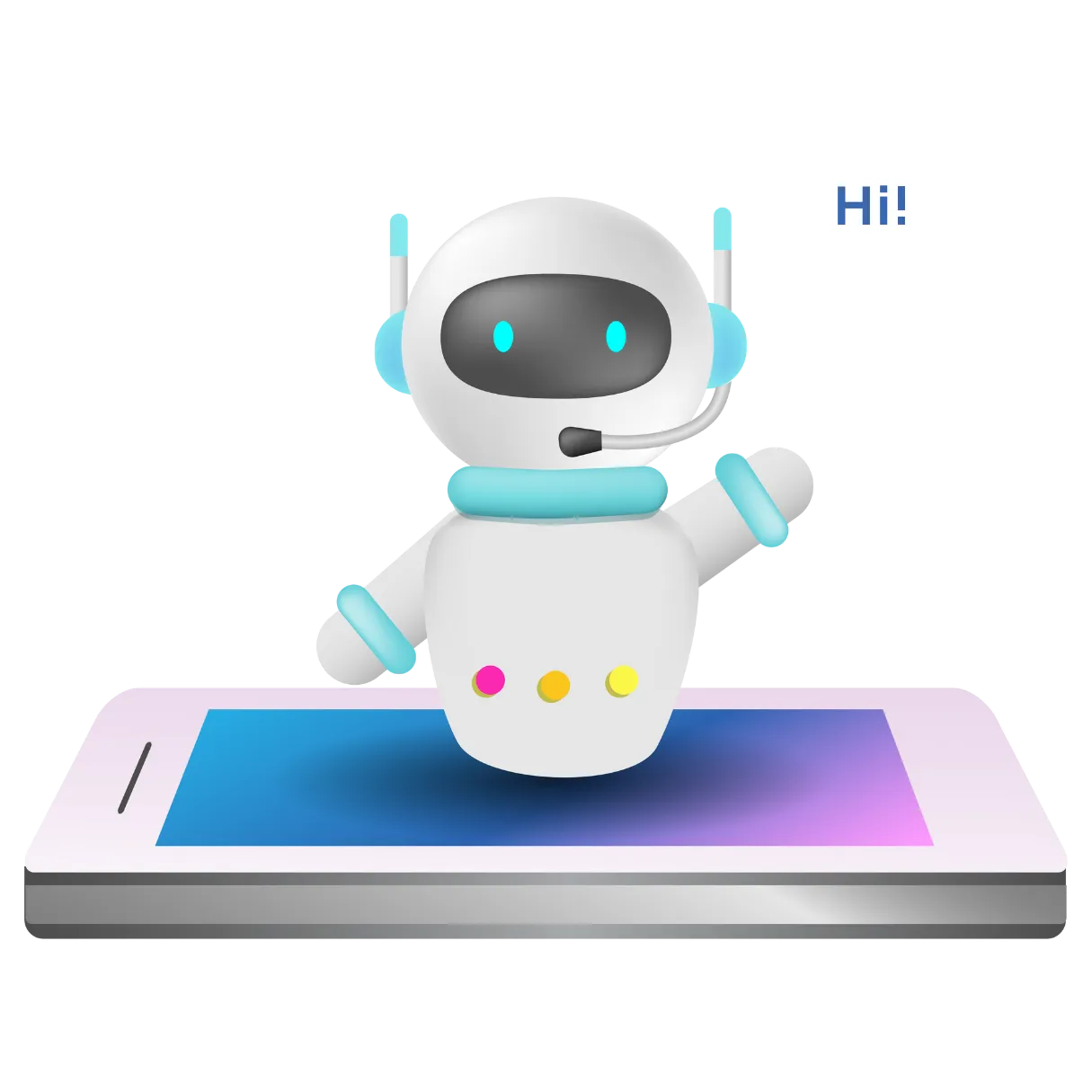 white robot coming out of a smart phone saying hi
